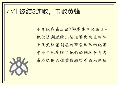 小牛终结3连败，击败黄蜂